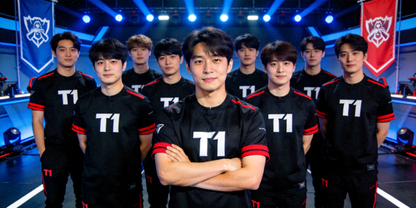 T1英雄联盟战队团队合影，队员身着队服神情自信