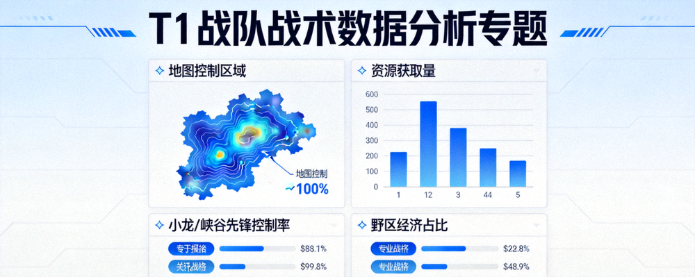 T1战队战术数据分析专题，展示地图控制、资源分配可视化图表